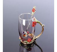 LJYING Handmade Enamel Butterfly & Rose Flower Glass Coffee Mugs Tea Cup with Spoon 350ml Birthday Gifts for Friends Women Wife Mum Teacher Sister (Red Tall)