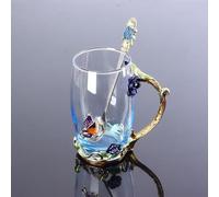 LJYING Handmade Enamel Butterfly & Rose Flower Glass Coffee Mugs Tea Cup with Spoon 350ml Birthday Gifts for Friends Women Wife Mum Teacher Sister (Blue Tall)