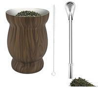LJYING Stainless Steel Yerba Mate Cup 8oz - Double-Wall Gourd Design with Straw Spoon & Cleaning Brush, Yerba Mate Set for Mate Tea and Coffee (Wood Grain)