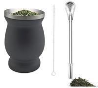 LJYING Stainless Steel Yerba Mate Cup 8oz - Double-Wall Gourd Design with Straw Spoon & Cleaning Brush, Yerba Mate Set for Mate Tea and Coffee (Black)