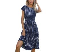 LJYYR Women's Polka Dot Midi Dress - Casual Short Sleeves Round Neck A Line Pleated Dress Belted Ruffle Babydoll Boho Sundress (S,Navy)