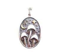 LKBEADS 925 sterling silver 3 mushroom and moon necklace. bronze crescent moon star. shroom hunter. food forager. chef gift. fairytale gardener gift | with 18 inch chain |silver plated |LK_PNK_02961