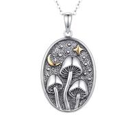 LKBEADS 925 sterling silver 3 mushroom and moon necklace. |LK_NLC_02961 | bronze crescent moon star. shroom hunter. food forager. chef gift. fairytale gardener gift with 18 inch