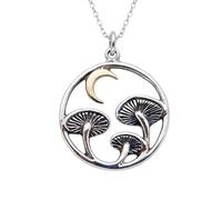 LKBEADS 925 sterling silver 3 mushrooms in circle necklace. |LK_NLC_02959 | bronze crescent moon. hunter food forager chef gift. delicate fairytale gardener gift with 18 inch