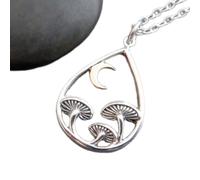 LKBEADS 925 sterling silver 3 mushrooms in teardrop necklace. bronze crescent moon. hunter food forager chef gift. delicate fairytale gardener gift | with 18 inch chain |silver plated |LK_PNK_02905