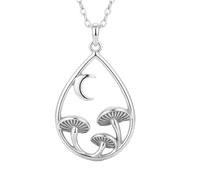 LKBEADS 925 sterling silver 3 mushrooms in teardrop necklace. |LK_NLC_02905 | bronze crescent moon. hunter food forager chef gift. delicate fairytale gardener gift with 18 inch