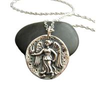 LKBEADS 925 sterling silver ancient angel coin necklace rustic goddess nike victoria greek roman replica piece protector angelic wings charm| with 18 inch chain |silver plated |LK_PNK_02641