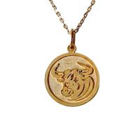 LKBEADS 925 Sterling Silver Bull Pendant Necklace Gold Plated |LK_NLC_01020 | round bull head medallion 24mm animal engraved disc pendant with 18 inch cable chain inspirational