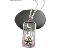 LKBEADS 925 sterling silver campfire under the moon necklace with bronze flame. burning fire pendant. camping charm. mixed metal jewelry. hiker gift| with 18 inch chain |silver plated |LKGP_02547