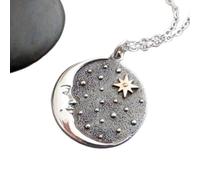 LKBEADS 925 sterling silver crescent moon north star necklace. bronze accent. celestial universe charm. power pendant mixed metal star gazer gift| with 18 inch chain |silver plated |LK_PNK_02717