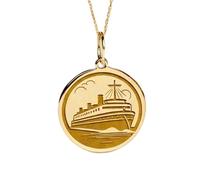 LKBEADS 925 Sterling Silver Cruise Ship Pendant Necklace Gold |LK_NLC_02038 | plated round engraved ocean liner charm necklace with 18 inch cable chain nautical travel inspired