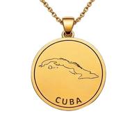 LKBEADS 925 Sterling Silver Cuba Map Pendant Necklace for Women Men Gold Plated 30mm Round Engraved Country Outline Jewelry with 18 Inch Cable Chain |LKN_MAP_00914
