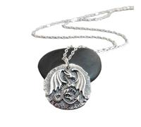 LKBEADS 925 sterling silver dragon coin necklace replica powerful protection guardian mythology wisdom winged pendant strength strong charm gif| with 18 inch chain |silver plated |LK_PNK_02648