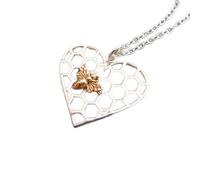 LKBEADS 925 sterling silver honeycomb heart with one bronze bee necklace. small nature pendant. insect charm. dainty honeybee. gardener gift| with 18 inch chain |two tone plated |LK_PNK_03167