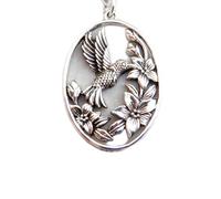 LKBEADS 925 sterling silver hummingbird flower necklace. small rustic bird oval pendant. animal spirit totem charm. petite realistic | with 18 inch chain |silver plated |LK_PNK_03058