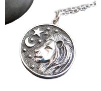 LKBEADS 925 sterling silver leo necklace. zodiac lion star sign. astrological astrology symbol. ruling celestial body sun double sided coin design| with 18 inch chain |silver plated |LK_PNK_02752