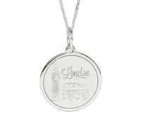 LKBEADS 925 Sterling Silver London Landmark Engraved Round |LK_NLC_02404 | pendant necklace with 18 inch cable chain 24 mm disc medallion 1.5 mm thick big ben double decker bus