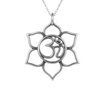 LKBEADS 925 sterling silver lotus flower om necklace. large |LK_NLC_03009 | yoga pendant. eastern flower. ohm zen yogi jewelry. simple boho bohemian charm. gift with 18 inch chain