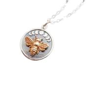 LKBEADS 925 sterling silver moon phases with bronze bee necklace. small nature pendant. celestial charm. honeybee dainty jewelry. gardener gift | with 18 inch chain |two tone plated |LK_PNK_02537