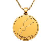 LKBEADS 925 Sterling Silver Morocco Map Pendant Necklace for Women Men Gold Plated 30mm Round Engraved Country Outline Jewelry with 18 Inch Cable Chain |LKN_MAP_00991