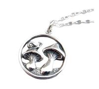 LKBEADS 925 sterling silver mushrooms with snail necklace. 2 two mushrooms in circle charm. shroom hunter. forager foraging fairytale pendant gift | with 18 inch chain |silver plated |LKGP_02937