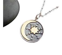 LKBEADS 925 sterling silver night sky necklace. bronze crescent moon north star accent. celestial universe charm. mixed metal star gazer gift| with 18 inch chain |silver plated |LK_PNK_02714