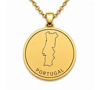 LKBEADS 925 Sterling Silver Portugal Map Pendant Necklace for Women Men Gold Plated 30mm Round Engraved Country Outline Jewelry with 18 Inch Cable Chain |LKN_MAP_01017