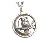 LKBEADS 925 sterling silver small owl on branch necklace.crescent moon circle pendant. simple animal wisdom symbol jewelry. bird charm| with 18 inch chain |silver plated |LKGP_03119