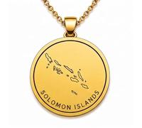 LKBEADS 925 Sterling Silver Solomon Islands Map Pendant Necklace for Women Men Gold Plated 30mm Round Engraved Country Outline Jewelry with 18 ''Cable Chain |LKN_MAP_01040