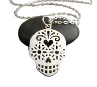 LKBEADS 925 sterling silver sugar skull necklace small calavera day of the dead folk art halloween charm simple jewelry delicate pendant gift| with 18 inch chain |silver plated |LK_PNK_02865