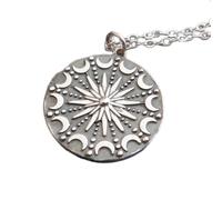 LKBEADS 925 sterling silver sun and moon mandala necklace. intricate metalwork. sun rays. night sky universe charm boho bohemian spiritual yoga| with 18 inch chain |silver plated |LK_PNK_03044