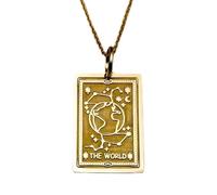 LKBEADS 925 Sterling Silver The World Tarot Pendant Necklace, |LK_NLC_00901 | gold plated celestial earth engraved rectangular pendant, 24x16mm tarot card necklace with 18 inch cable