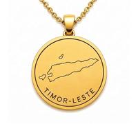 LKBEADS 925 Sterling Silver Timor-Leste Map Pendant Necklace for Women Men Gold Plated 30mm Round Engraved Country Outline Jewelry with 18 Inch Cable Chain |LKN_MAP_01055