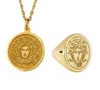 LKBEADS Ancient Gr orgon Pendant Necklace & Signet Ring |LK_PCOM_0528 | 925 Sterling Silver Pendant Size 24mm Gold Plated Medusa Charm Meaningful Jewelry Set