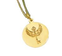 LKBEADS Angel Wing Key Embossed Pendant Necklace Made in 925 Sterling Silver With Gold Plating 18" Cable Chain Round Shape Charm For Unisex Handmade Jewelry |LK_EMBO_00179