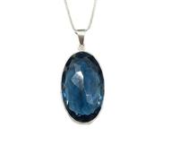 LKBEADS blue quartz gemstone pendant blue color oval shape faceted cut 32x20mm stone charm necklace with 18" cable chain jewelry for men women gift energy & luck |L_DPN_00147