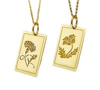 LKBEADS Carnation Poppy Flower Pendant Necklace Gold Plated 925 Sterling Silver Rectangular Floral Engraved Botanical Medallion Nature Jewelry Women Girls Gift