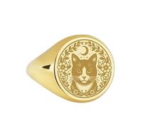 LKBEADS cat and moon signet ring| feline animal jewelry crescent shape engraved lunar phase talisman cute kitten| 925 sterling silver gold plated |LK_PDR_00097_8.5