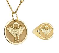 LKBEADS Celestial Luna Moth Pendant Necklace & Signet Ring |LK_PCOM_0516 | 925 Sterling Silver Pendant Size 24mm Gold Plated Wings Charm Meaningful Jewelry Set