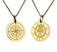 LKBEADS Compass Nautical Bell Pendant Necklace Set Pack of 2, Navigation Sailor Medallion Charm, 925 Sterling Silver Gold Plated Adventure Travel Jewelry Unisex Gift