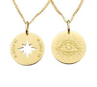 LKBEADS Compass Star Coordinates & All Seeing Eye Sunburst Pendant Necklace Set Pack of 2 Gold Plated 925 Sterling Silver 28mm Round Coin Medallion Symbol Jewelry for Women Men