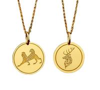 LKBEADS Egyptian Sphinx & Deer Stag Head Pendant Necklace Set Pack of 2 Gold Plated 925 Sterling Silver 28mm Round Coin Medallion Animal Mythology Jewelry for Women Men