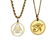 LKBEADS Eye of Horus All Seeing Eye Triangle Pendant Necklace Set Pack of 2 Gold Plated 925 Sterling Silver 28mm Sacred Geometry Egyptian Protection Symbol Coin Medallion Jewelry