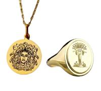 LKBEADS Greek Mythology Medusa Pendant Necklace & Signet Ring |LK_PCOM_0551 | 925 Sterling Silver Pendant Size 24mm Gold Plated Gorgon’s Gaze Charm Meaningful Jewelry Set