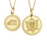 LKBEADS Greek Parthenon Temple & Heraldic Lion Shield Pendant Necklace Set Pack of 2 Gold Plated 925 Sterling Silver 28mm Round Coin Medallion Greek Mythology Crest Jewelry for Women Men