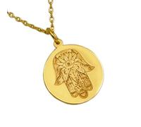 LKBEADS Hamsa Hand Engraving Pendant Necklace Round Shape Made In 925 Sterling Silver Gold Plated Charm With 18 "Cable Chain Handmade Jewelry For Men Women |LKD_EGP_00059