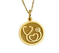 LKBEADS Heart Doctor Embossed Pendant Necklace Made in 925 Sterling Silver With Gold Plating 18" Cable Chain Round Shape Charm For Unisex Handmade Jewelry |LK_EMBO_00687