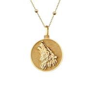LKBEADS Howling Wolf Engraved Coin Pendant Necklace 24mm with 18 Inch Cable Chain | Sterling Silver Gold Plated | Unisex Gift Jewelry|LK_PNDN_0797