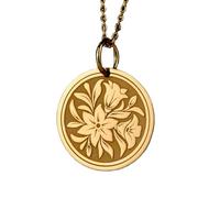 LKBEADS Lilly Flower Engraved Coin Pendant Necklace 24mm with 18 Inch Cable Chain | Sterling Silver Gold Plated | Unisex Gift Jewelry|LK_PNDN_0925