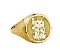 LKBEADS maneki neko signet ring| hammered lucky cat jewelry| japanese fortune good luck gift for her| prosperity symbol ring| 925 sterling silver gold plated |LK_PDR_00189_7.5